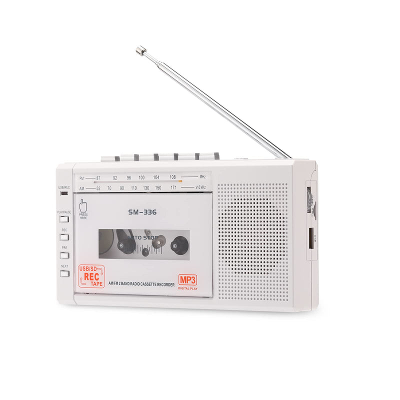 Portable Cassette Tape Player to Digital Converter via USB or SD Card, AM FM Walkman Cassette Tape Recorder Power by DC or AA Battery,Built-in Microphone, Speaker and Headphone Jack