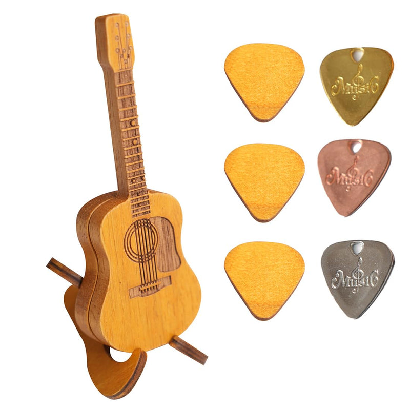 Wooden Guitar Pick Box with Stand,6PCS Unique Guitar Picks Guitar Pick Holder Box,Musician Engraved Wooden Plectrum Case,Acoustic Guitar Box for Electric Bass Guitar Ukulele Lover