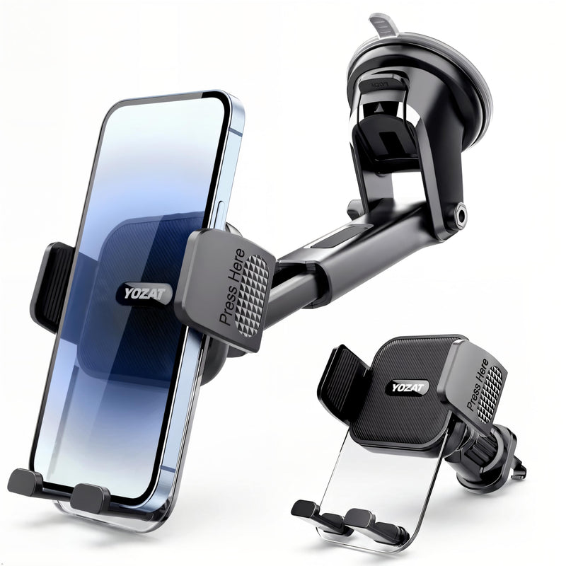 [2026 Upgraded Military-Grade Car Phone Holder Mount — Ultra-Stable Clamp Grip, 3-in-1 Dashboard/Windshield/Air Vent, One-Button Release — Heavy Duty Universal for iPhone & All Smartphones