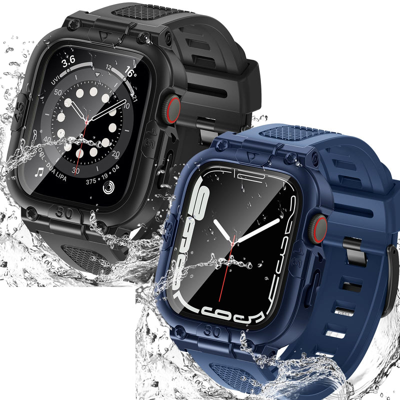 Goton 3 in 1 Waterproof Case and Band with Tempered Glass Screen Protector for Apple Watch Series 9 8 7 6 5 4 SE Ultra 44mm 40mm 45mm 41mm 49mm, Bumper Cover for iWatch Accessories, 41mm
