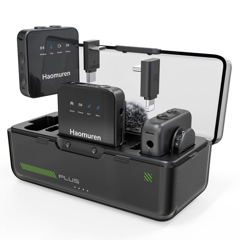 [AUSTRALIA] - Haomuren Wireless Lavalier Microphone 2 Pack,Wireless Microphone,Compatible with iPhone,Android,Camera,iPad,Tablet,PC,Noise Cancel,Echo,Bluetooth Lapel Mic for Video Recording,Stream,Vlogs Black 