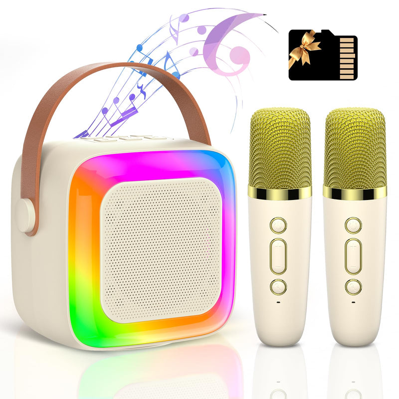Mini Karaoke Machine for Kids Adults,Portable Bluetooth Karaoke Speaker with 2 Wireless Microphone and LED Lights,Toys for Party,Home KTV,Birthday for Girls 4, 5, 6, 7, 8,12+ Toddler Teens(Beige) Beige