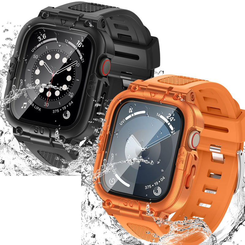 Goton 3 in 1 Waterproof Case and Band with Tempered Glass Screen Protector for Apple Watch Series 9 8 7 6 5 4 SE Ultra 44mm 40mm 45mm 41mm 49mm, Bumper Cover for iWatch Accessories, 44mm