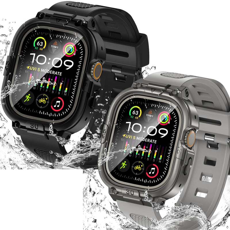 Goton 3 in 1 Waterproof Case and Band with Tempered Glass Screen Protector for Apple Watch Series 9 8 7 6 5 4 SE Ultra 44mm 40mm 45mm 41mm 49mm, Bumper Cover for iWatch Accessories, 49mm