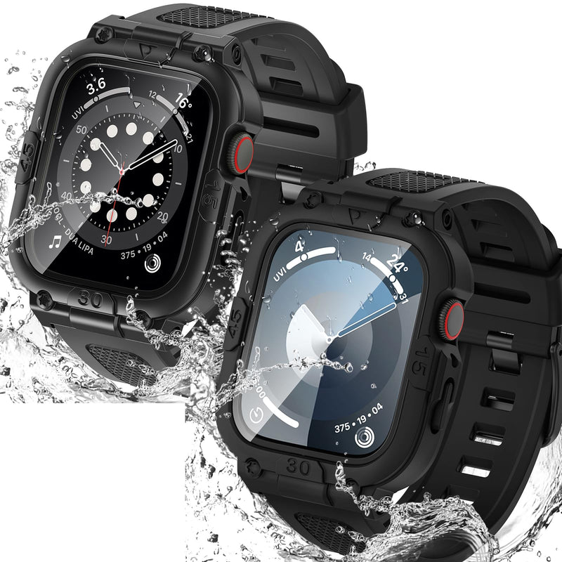 Goton 3 in 1 Waterproof Case and Band with Tempered Glass Screen Protector for Apple Watch Series 9 8 7 6 5 4 SE Ultra 44mm 40mm 45mm 41mm 49mm, Bumper Cover for iWatch Accessories, 45mm
