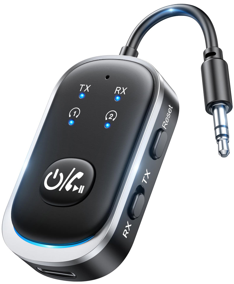 2 in 1 Bluetooth Transmitter Receiver, Wireless Bluetooth 5.3 Adapter - Dual Pairs for AirPods, All Headphones, Use with 3.5mm Aux Audio Jack on Airplane, Home/Car Stereo, Gym, iPad/Tablets
