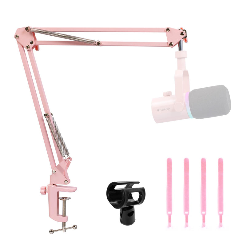 FEELWORLD AMS1 Microphone Boom Arm, Adjustable Mic Arm Stand with 3/8” to 5/8” Screw, Compatible with PM1 and other Mics for Podcast Straming Gaming Studio （Pink) Pink