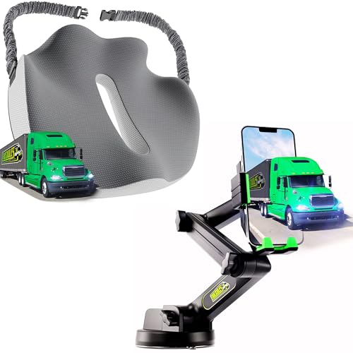Semi Truck Seat Cushion & Green Semi Truck Phone Mount, Ultimate Memory Foam Trucker Seat Cushion & Heavy Duty Cell Phone Device Holder for Dashboard Windshield Window (1 SC & 1 PM)