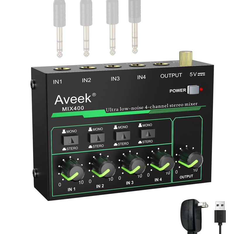 Aveek 4 Channel Mixer - Mini 4 Stereo Audio Mixer, Low-Noise for Precision Sub-Mixing,1/4" TRS Input/Output Ideal for Mics/Guitars/Bass/Stage - 3 x 4.4 x 1.3 inches
