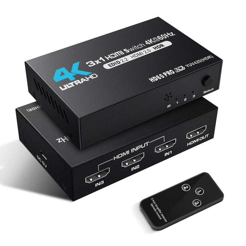 NEWCARE HDMI Switch 3 in 1 Out 4K@60Hz HDMI Splitter, 4K HDMI Switch with Remote Metal HDMI Switch Box Hub Support 4K@60Hz/30Hz 1080P 3D HDR Auto Switching for NS Xbox PS4/5 PC Fire Stick Roku 3x1 4K@60Hz