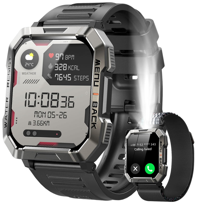Military Smart Watch for Men (Answer/Make Calls), 2.01'' Smart Watch for Android and iPhone, Fitness Tracker with Flashlight/Compass/100 Days Battery/Heart Rate/Sleep/100+ Sport Modes(2 Straps) W60 Black