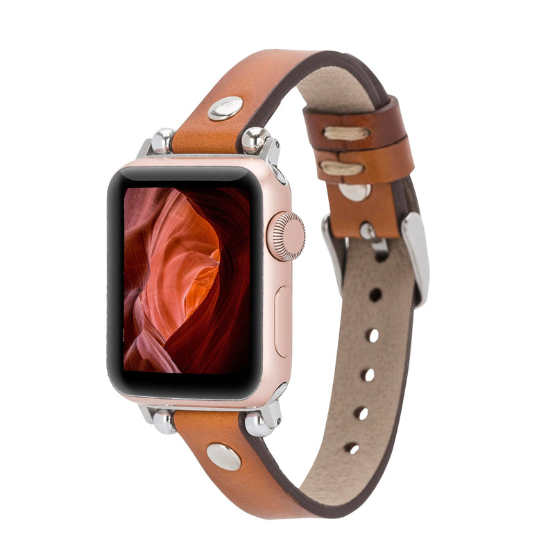 Handmade Leather Watch Band for Apple Watch Series 9 8 7 6 5 4 3 2 1 SE Ultra 2 1 Compatible with 38 40 41 42 44 45 49mm Apple Watch Bands for Women & Men 7-9 Inches Size, Burnished Brown 38 40 41mm Lemon Grass w/Silver Connector&Clasp 41mm/40mm/38mm