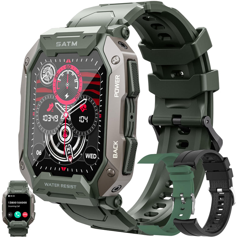 Military Smart Watch for Men(Answer/Make Calls), 1.81”AMOLED 5ATM Waterproof Fitness Watch with Heart Rate/SpO2/Blood Pressure, Bluetooth Smartwatch for Android iPhone, with 3 Watch Bands (Green) Green