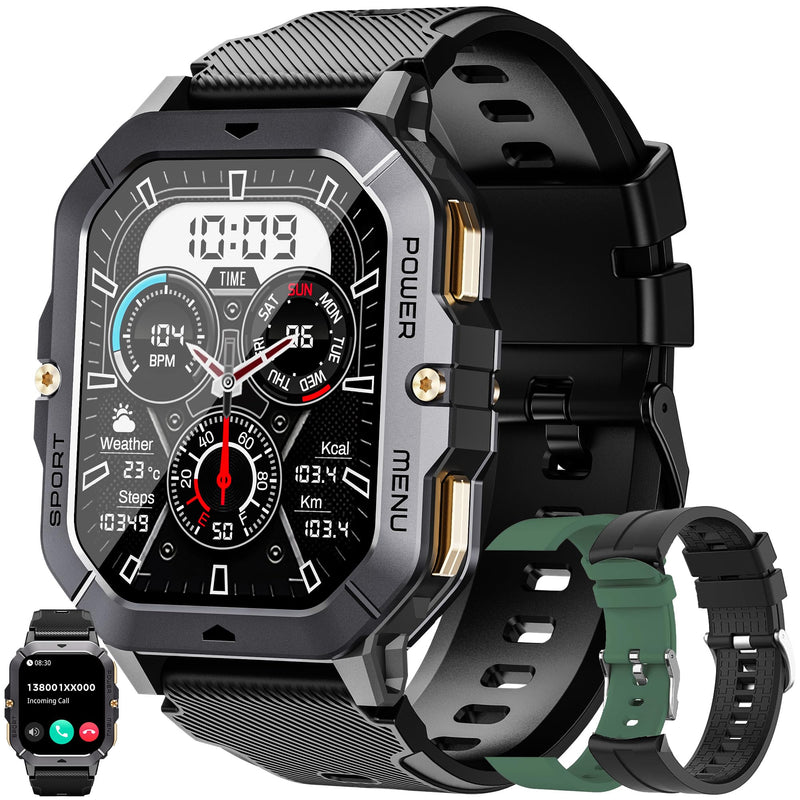 Military Smart Watch for Men(Answer/Make Calls), 2.02”AMOLED 5ATM Waterproof Smartwatch with Heart Rate/SpO2/Blood Pressure, 100+ Sports, Fitness Watch for Android iPhone, with 3 Watch Bands (Black) Black