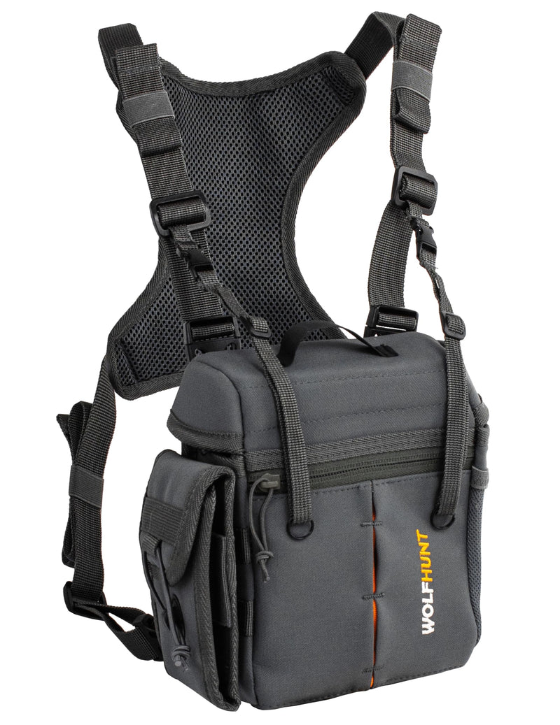 [AUSTRALIA] - WOLFHUNT Binocular Harness Chest Pack Magnetic Closure, Bino Case with Detachable Rangefinder Pouch, Camouflage Bino Bag with Adjustable Strap for Hunting, Field Observation Gray Medium 