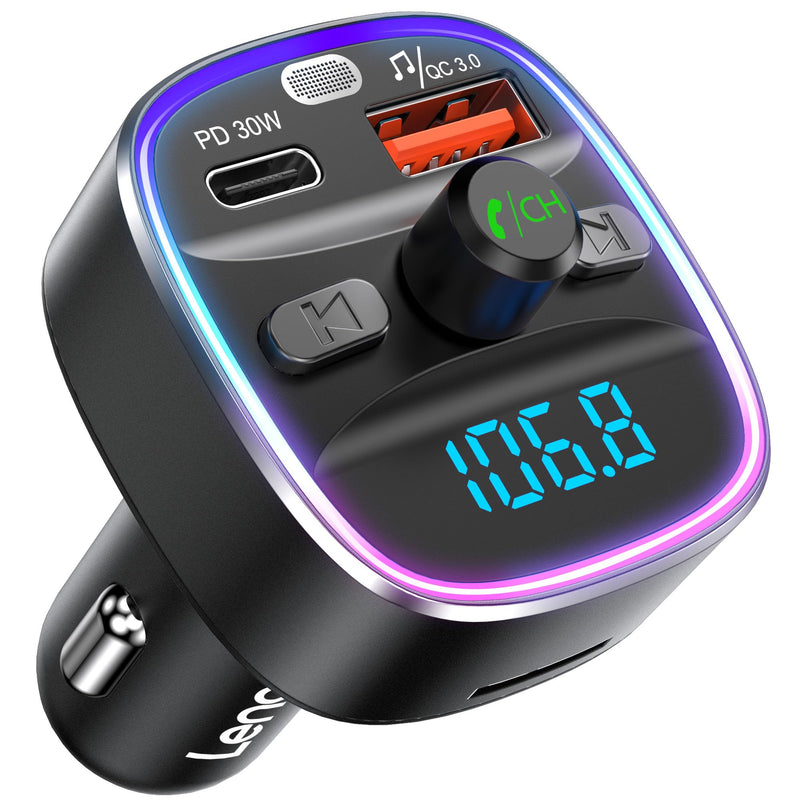 [AUSTRALIA] - LENCENT Bluetooth 5.4 FM Transmitter Car Adapter 48W [PD 30W & 18W] [7 Color Light] [Fast Charging] Wireless Radio Music Adapter Hands-Free Calling, Support USB Drive & TF Card Colorful-48W 