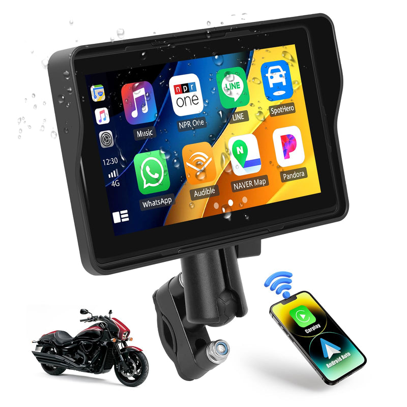 CAMECHO Motorcycle CarPlay Screen, 5" Waterproof Portable Wireless CarPlay Android Auto for Motorbike, Touch Screen Car Stereo Support Dual Bluetooth, Mirror Link, EQ, Siri Voice Control