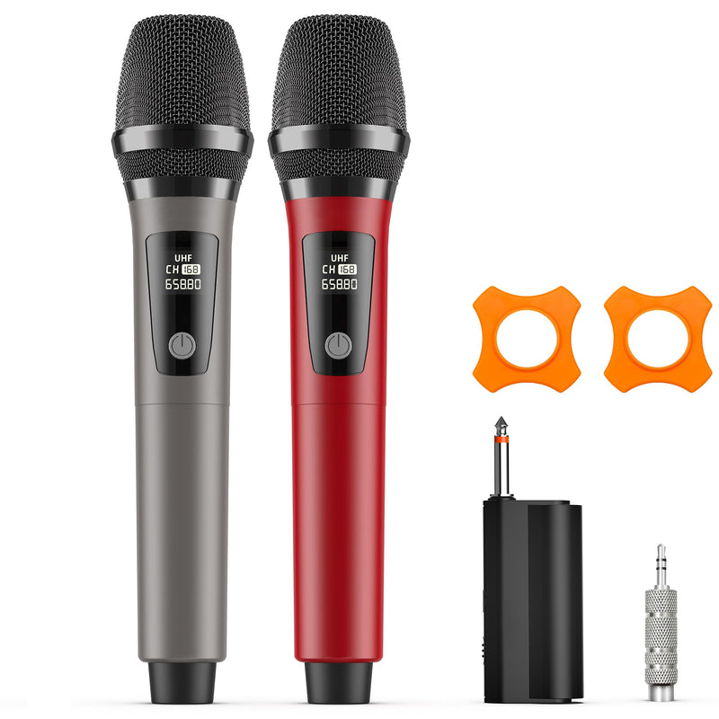 Wireless Microphones, Professional Dual Karaoke Microphones, Wireless Dynamic Microphone System Set with Rechargeable Receiver for Home Party, Speech, Wedding, Church, PA System Red