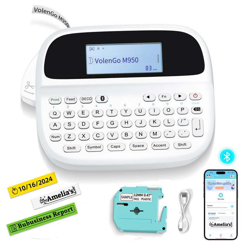 [AUSTRALIA] - M950 Label Maker, Label Maker Machine with-Tape 12mm White, Portable Bluetooth Labeler with Backlit-LCD, Handheld Rechargeable Label Makers, Inkless Labeling Maker for School Office Organization 