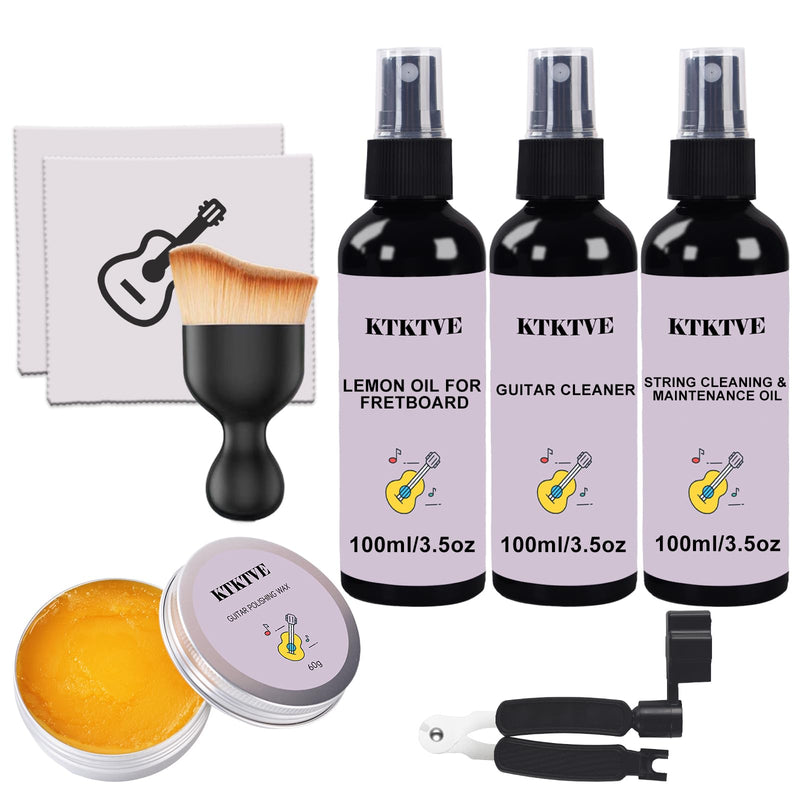 Guitar Cleaning Kit- Complete Guitar Care Kit 8 Pack with Guitar Cleaner, Lemon Oil for Guitar Fretboard, Polish Wax, String Cleaner, Winder, Soft Brush and Microfiber Cloth