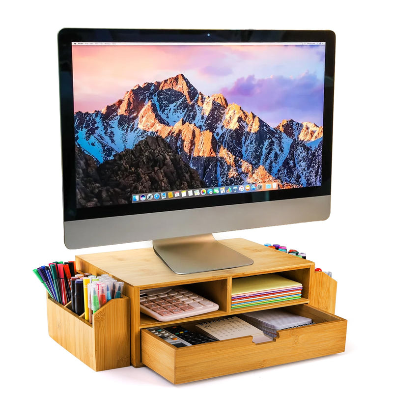 Hiceeden 2 Tier Bamboo Desktop Organizer, Desk Monitor Stand Riser with 1 Drawer and 2 Pen Holder, 2 Compartment Computer Desk Storage Organizer for Laptop, Printer