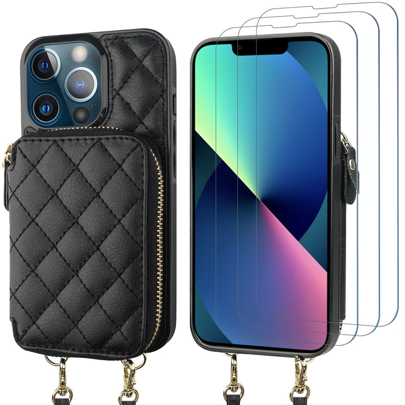 Bocasal A Stylish Crossbody Wallet Case for iPhone 13 Pro + 3 Pcs Tempered Glass Screen Protector for iPhone 13/14/13 Pro