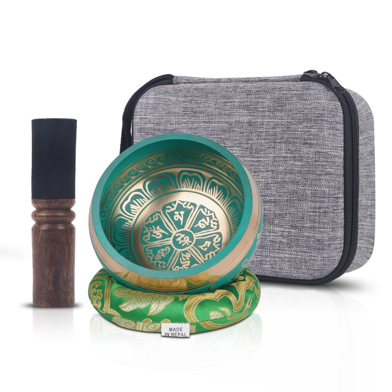 [AUSTRALIA] - Kmise Tibetan Singing Bowls Set- Handmade in Nepal Meditation Sound Bowls for Yoga, Meditation, Mindfulness, Healing and Chakra Balancing, Stress Relief (5', Green) 5inch Green Golden Flower 