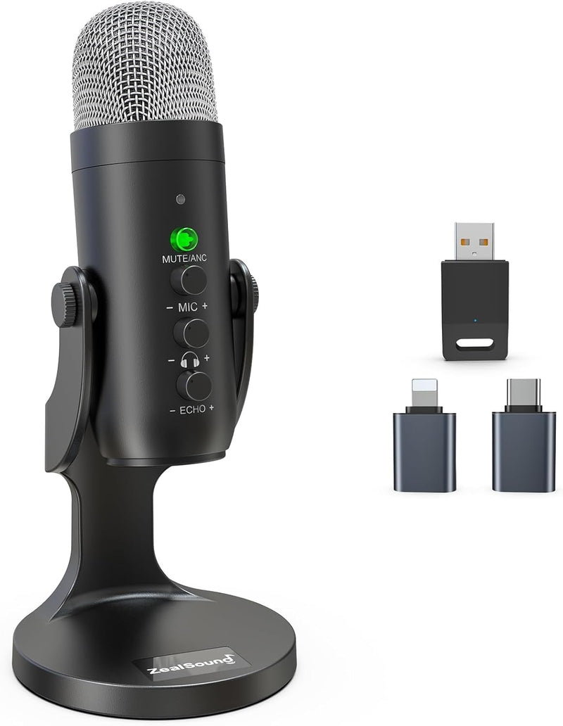 [AUSTRALIA] - ZealSound Wireless Microphone,USB Mic for iPhone PC iPad Android Phone-Cordless Condenser Desktop Microphones with Mute Echo Monitor Volume Gain 2.4GHz for Podcast,ASMR,Gaming,YouTube Video/K66 Black 