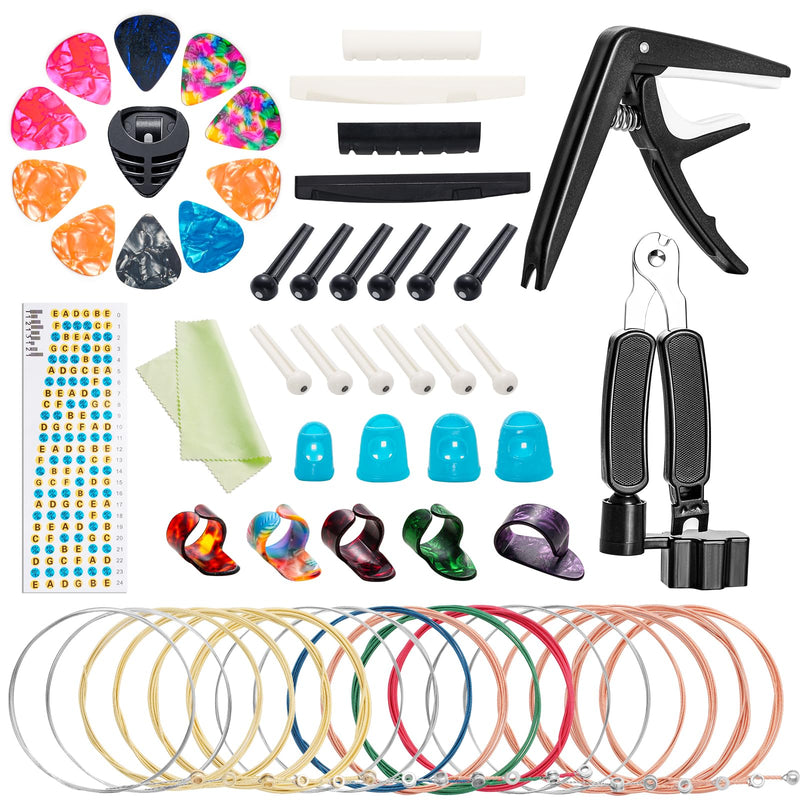 Acoustic Guitar Accessories Kit Guitar Strings Replacement Changing Tool Include Strings, Capo, Picks, Picks Holder, String Winder, Pins, Nuts Saddles for Guitar Players Beginners,58 Pcs