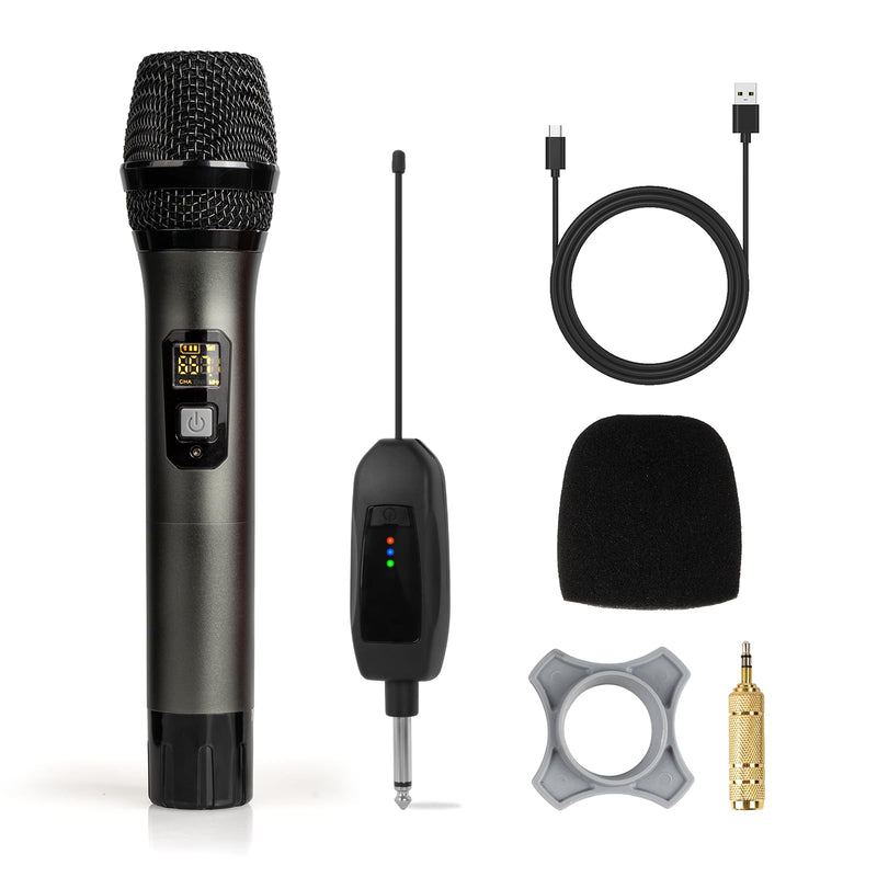 Soundgeek Wireless Microphone UHF Metal Dual Handheld Mic with Rechargeable Receiver 200ft Range, Microphone for Singing, Karaoke, Church, Speech, Wedding, Party Singing (1 Mics, Gray) 1