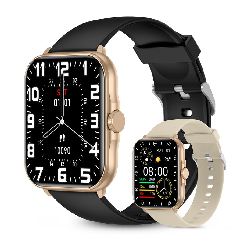 TOTULIFE Smart Watch Storm V with BT Calling Gold, for Men and Women | Sleep Apnea Monitor, Blood Pressure and Oxygen Monitor, Voice Assistant, Pedometer Steps, Remote Camera, 2 Watch Bands Gold w/ Cream & Black Band
