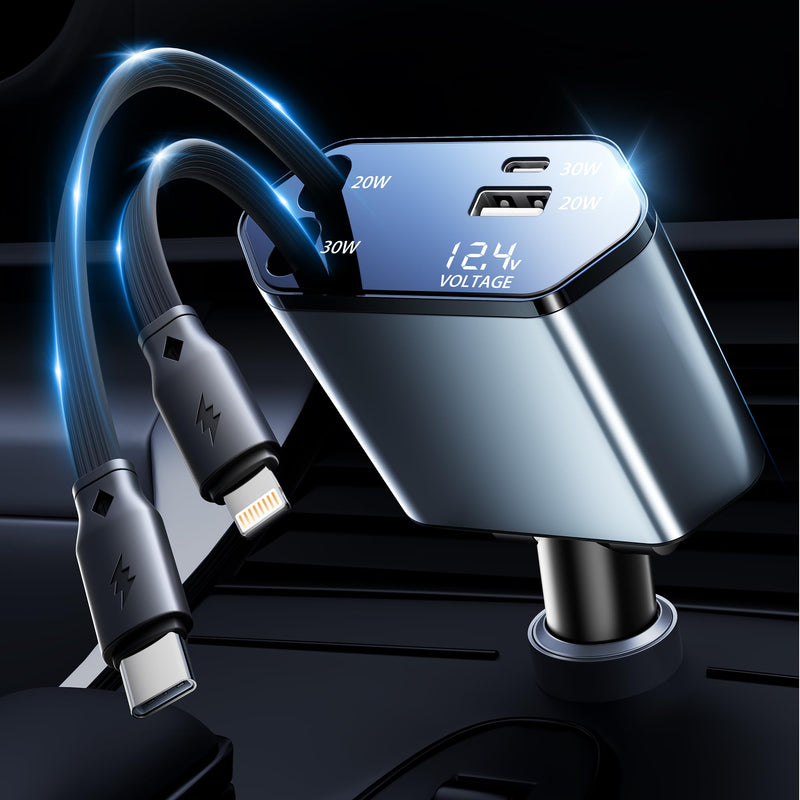 GUSGU 100W Retractable Car Charger, 4-in-1 Fast Car Phone Charger Featuring a 2.6ft Retractable Cord, with Lightning and USB-C Cable Car Charger Adapters, Compatible All Other Phone Models (Silver)