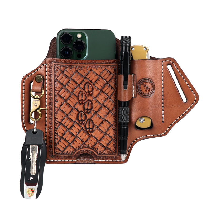 Leather Cell Phone Belt Holster Case Folding Knife Sheath Pen Slot Key Clip | 4-In-One Edc Organizer,Pocket Knives Carrier,Bottom Push Hole For Phone Charge Port,Fits Phones Up To 6.7",Gift For Birthday