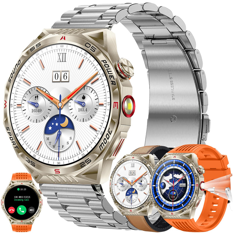 1.85”AMOLED Smart Watch for Men(Answer/Make Calls), LED Lighting, 5ATM Waterproof Fitness Watch with Heart Rate, SpO2, Blood Pressure, Bluetooth Smartwatch for Android iPhone, with 3 Bands (Silver) Silver