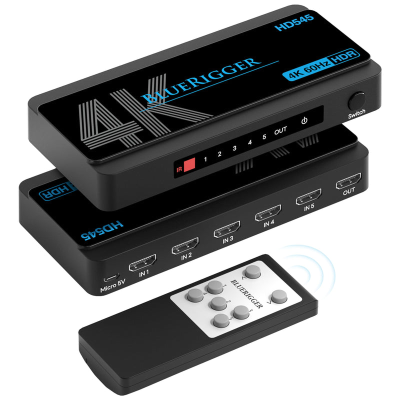 [AUSTRALIA] - BlueRigger 4K HDMI Switch 5 in 1 Out (4K 60Hz, 5 Port Video Switcher, HDMI Hub, HDR10+, 18Gbps, Selector Box with IR Remote) – Compatible with HDTV, PS5, Xbox, Apple TV, Projector, Blu-Ray 