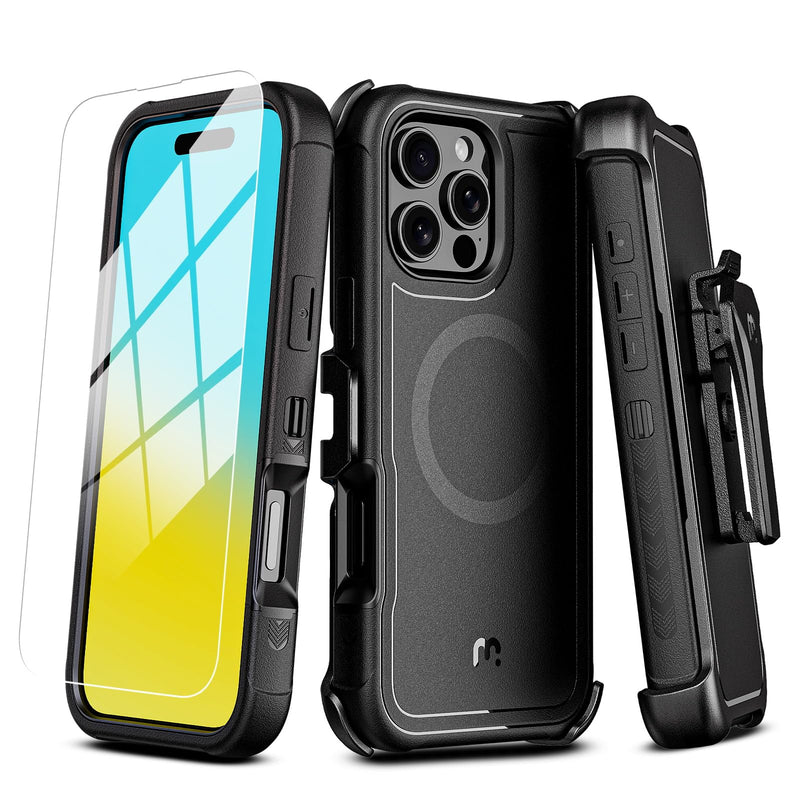 M MYBAT PRO Maverick Series for iPhone 16 Pro Case with Belt Clip Holster,[Compatible with Magsafe] w/Screen Protector,Anti-Drop,Shockproof,with 360°Rotating Kickstand,Heavy Duty Protection Black
