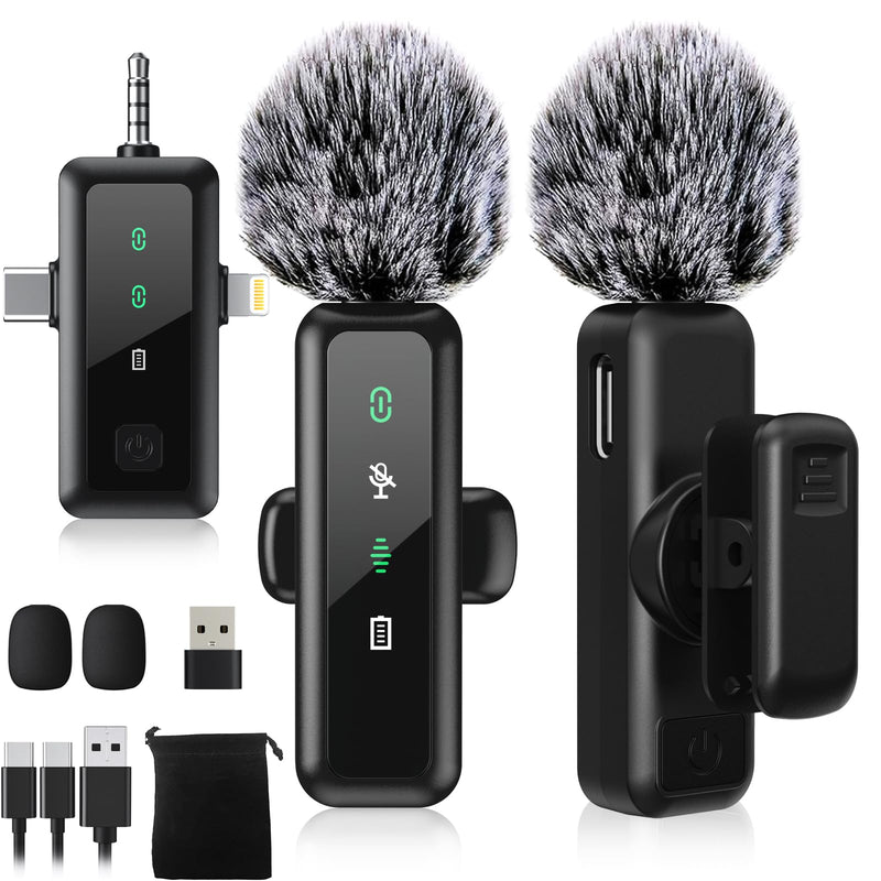 BILIWAL Wireless Lavalier Microphone, Noise Cancelling Lapel Recording Entry-Level 2 Pack Mics, 3IN1 Port for Most Devices 3IN1 RX Mic