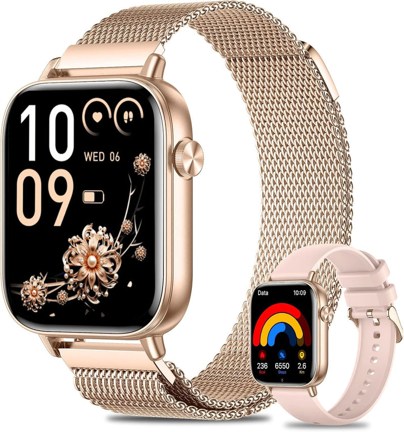 [AUSTRALIA] - Smart Watches for Women, Android Smart Watch for Phones (Make Calls), 1.85" HD Fitness Tracker Watch with Blood Pressure/Heart Rate/Sleep Monitor, 110+ Sport Modes Fitness Watches for Women/Men Gold 