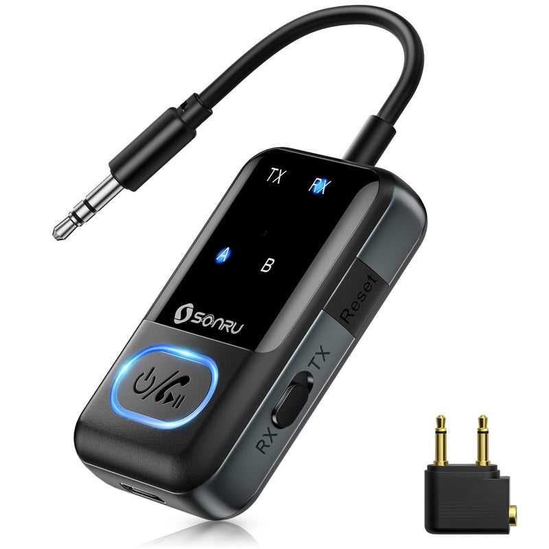 Bluetooth 5.3 Transmitter Adapter for Airplane 2-in-1 Wireless Bluetooth Audio Transmitter Receiver for 3.5mm Aux Jacks on Flight/TV/Gym Equipment, for up to 2 Wireless Headphones, Cell Phones Black1