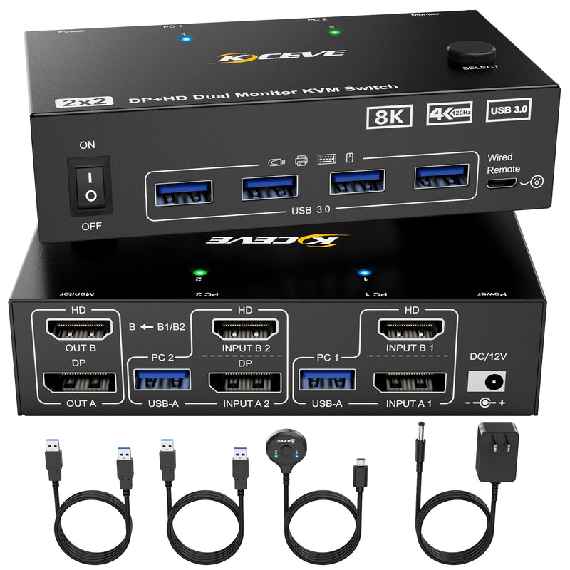 8K KVM Switch 2 Monitors 2 Computers Displayport HDMI, Dual Monitor USB 3.0 DP KVM Switcher Supports 8K@60Hz for 2 Computers Share Keyboard, Mouse and Monitor 2x2 KVM Switch HDMI +DP