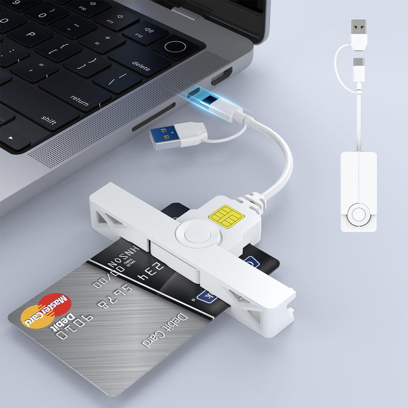 CAC Card Reader 2 in 1 USB/USB C Dual Connector, DOD Military USB Common Access CAC Reader Type C USB Smart Card Reader Compatible with Windows, Mac OS Mini Fold Plug and Play White