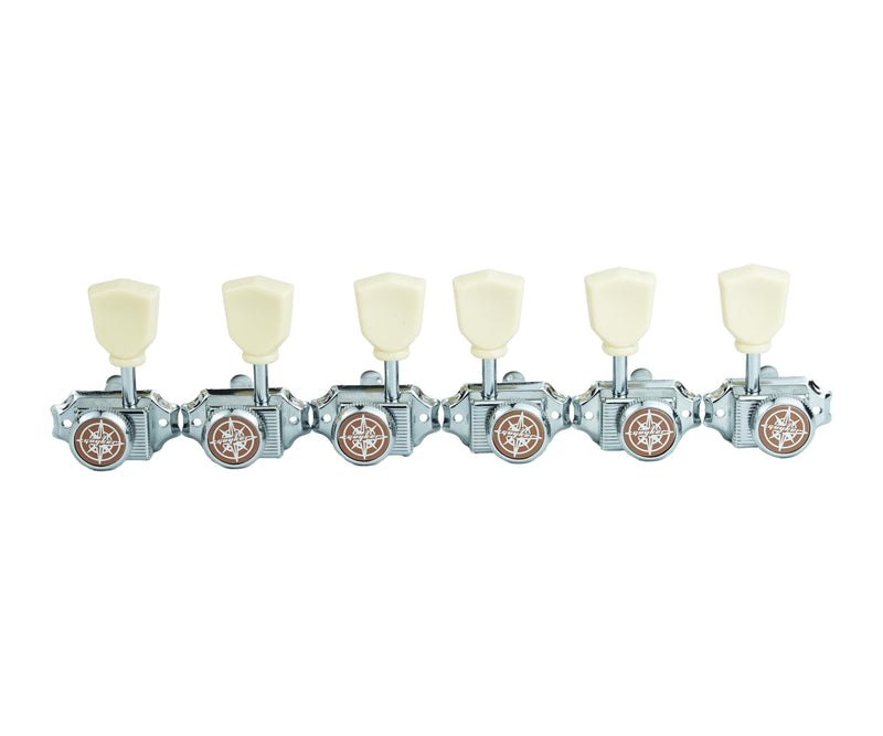 [AUSTRALIA] - Guyker 3x3 Vintage Style Locking Guitar Machine Heads – 1:15 Ratio Lock String Chrome Deluxe Tuning Key Pegs Tuners Set Replacement for Electric, Acoustic or Folk Guitars - GK44sp, White Button Chrome - White Handle 