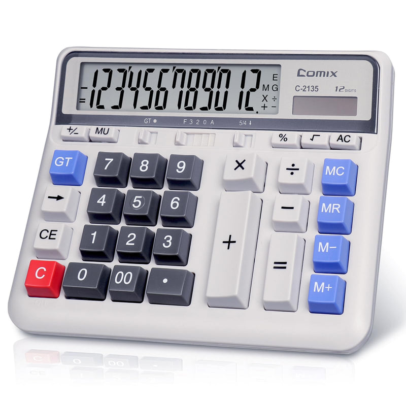 Comix Desktop Calculator, 12 Digits Large Desk Calculator, White, 2 Pack | Solar Battery Dual Power, Large LCD Display, Computer Keys, 4 Function Basic Calculator for Office Business Home Use