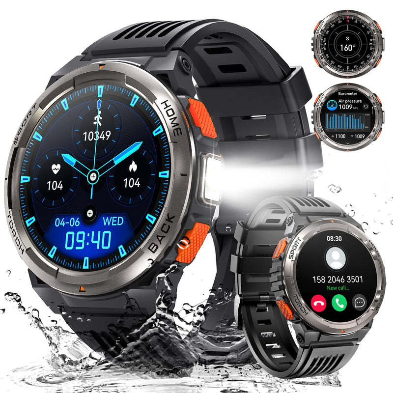 Military Smart Watches for Men with LED Flashlight Compass 3ATM Waterproof | Tactical Rugged Smart Watch with 1.45" HD, Sports Fitness Tracker with Heart Rate/SPO2/Sleep Monitor for Android & iPhone KE5-Orange Button