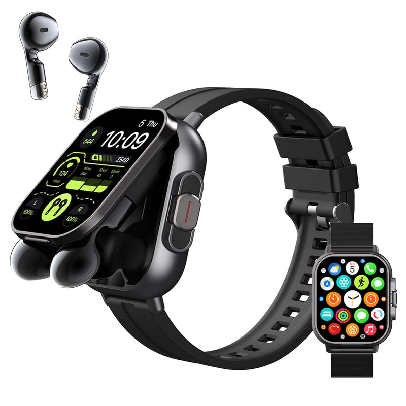 Smart Watch with Earbuds, 2.01" HD Screen Fitness Watch, 2 in 1 Smartwatch with 100+ Sport Modes Fitness Tracker, Sleep/Heart Rate/Monitor Pedometer for iOS & Android, Black