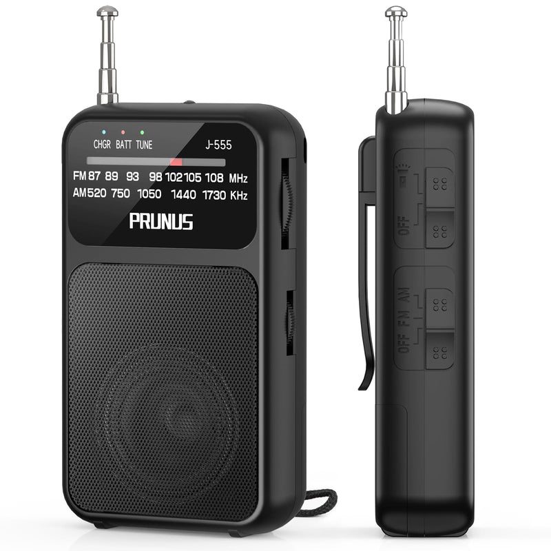 J-555 Pocket Radio AM FM USB-C Charging& Battery Operated, Excellent Reception& Clear Speaker and Headphone Jack, Back Clip, Flashlight, Transistor Radio, Portable Radio AM FM, Mini Radio Black