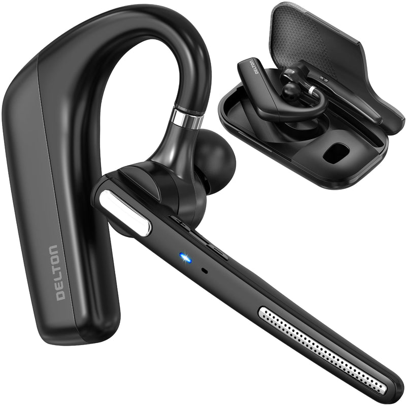 Delton Ultralight Bluetooth Headset with Noise Cancelling Microphone | Bluetooth Earpiece with Carrying Case, Wireless Headset for PC/Laptop, Compatible with MS Teams, Zoom and More - Black