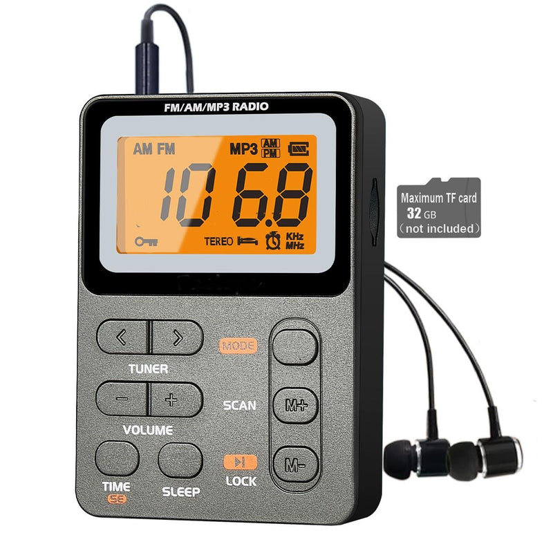 [AUSTRALIA] - Portable Radio AM FM, Rechargeable Pocket Radio with Best Reception Digital Tuning, MP3, Stereo Earphone, Large LCD Screen, TF Card Socket, Transistor Radio for Jogging/Gym/Camping (Grey) Grey 