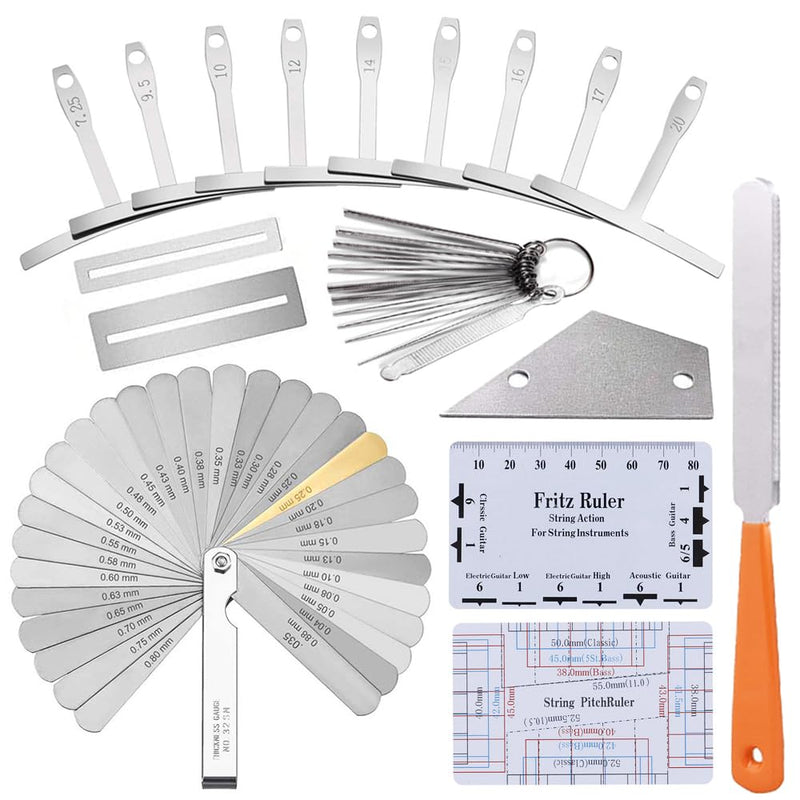 Guitar Luthier Tool Set,Including Fret Crowning File,Guitar Radius Gauge,String Action Ruler Gauge,Blades Feeler Gauge,Needle File,Fingerboard Guards for Guitar and Bass Setup