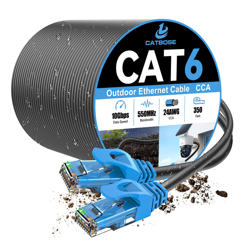 350FT Outdoor Cat6 Ethernet Cable, Heavy Duty Direct Burial, In-Ground, POE, Waterproof, LLDPE UV Resistant, UTP, 24AWG CCA Solid Cord, Network, Internet, LAN, Cat 6 Patch Cable - 350 Feet 350FT
